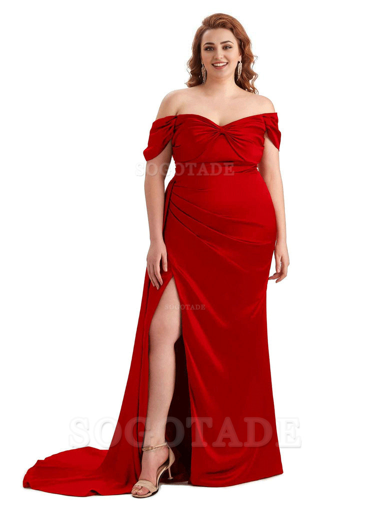  Sexy Side Slit Off The Shoulder Mermaid Soft Satin Long Plus Size Bridesmaid Dress For Wedding