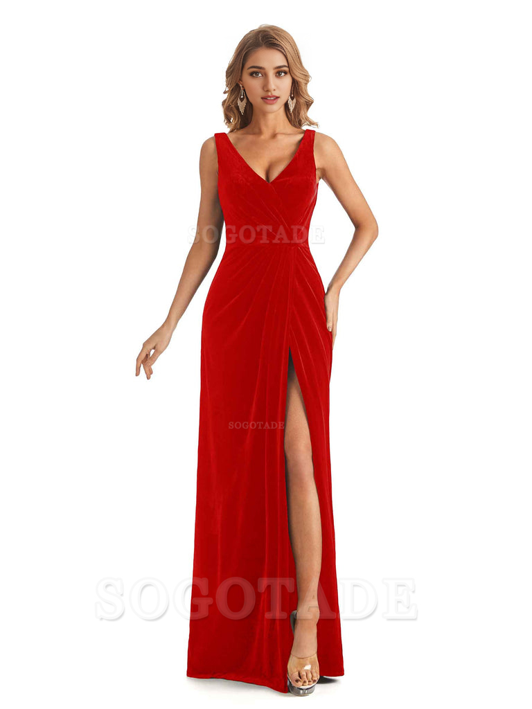 V-Neck Sexy Side Slit Spaghetti Straps Pleated Velvet Long Bridesmaid Dresses Formal Wear Dresses