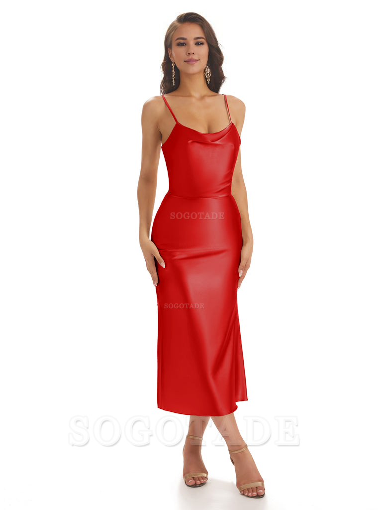 Sexy Soft Satin Spaghetti Strap Tea-Length Midi Short Bridesmaid Dresses prom shop dresses