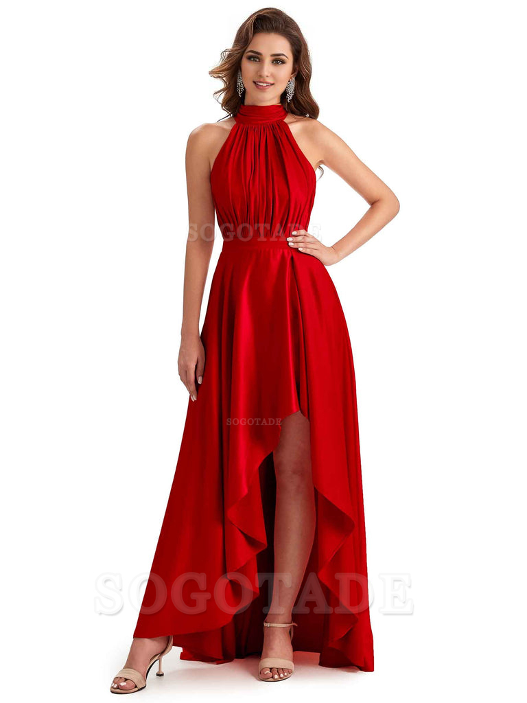Soft Satin High Neck High Low A-Line Unique Bridesmaid Dresses Online