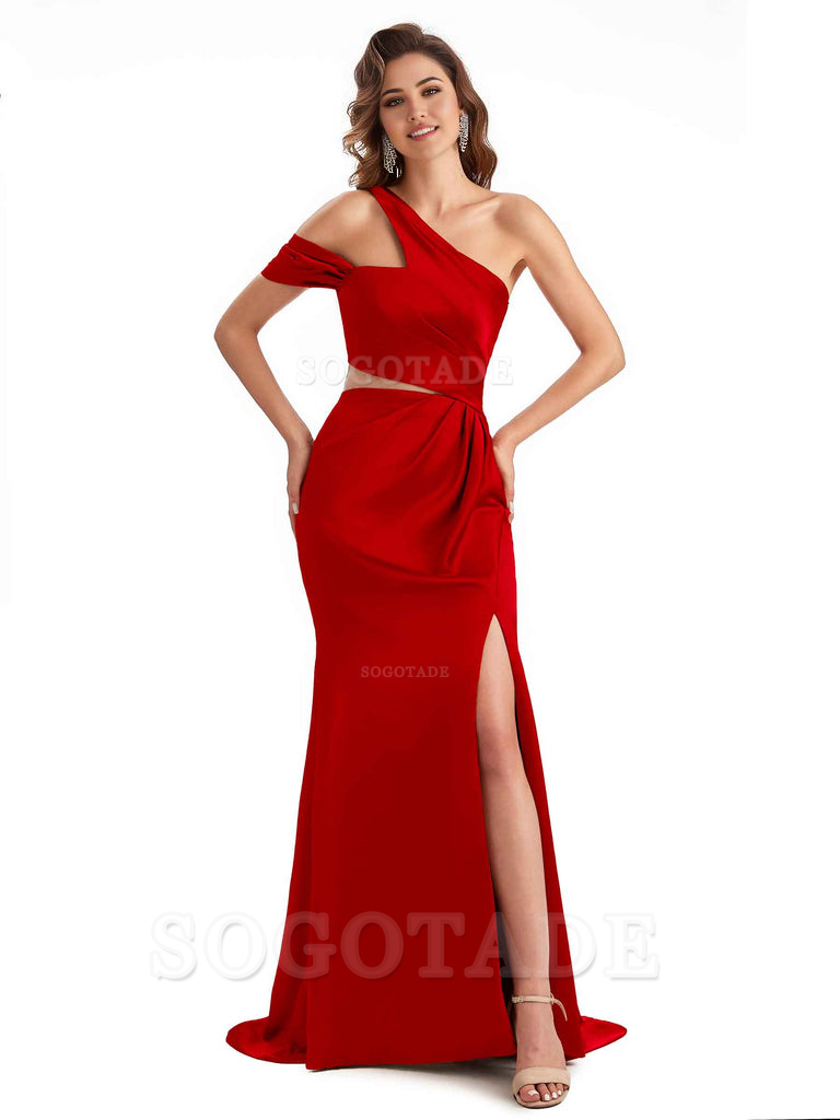 Sexy Side Slit Mermaid Soft Satin One Shoulder Long Unique Bridesmaid Dresses