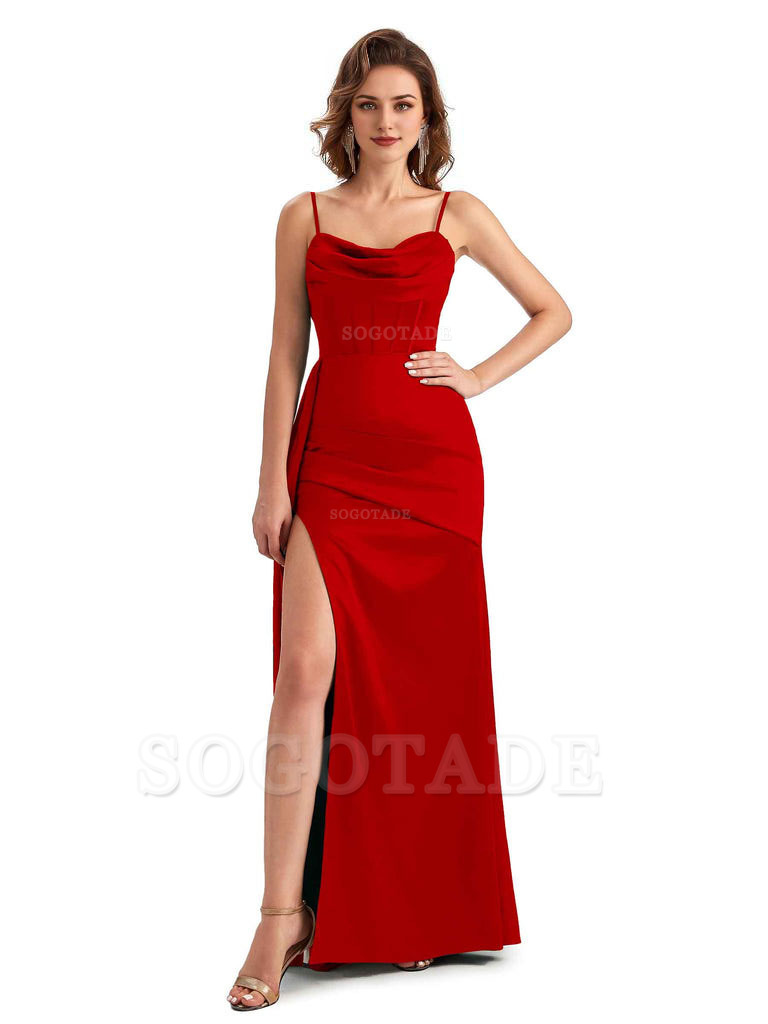 Sexy Side Slit Mermaid Silky Satin Spaghetti Straps Unique Wedding Guest Dresses