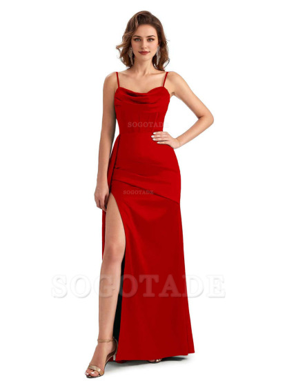Sexy Side Slit Mermaid Silky Satin Spaghetti Straps Unique Wedding Guest Dresses