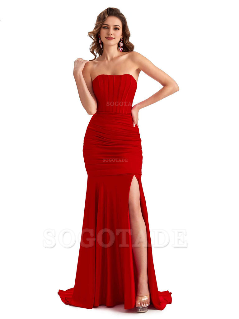 Sexy Strapless Side Slit Mermaid Silky Satin Formal Bridesmaid Dresses