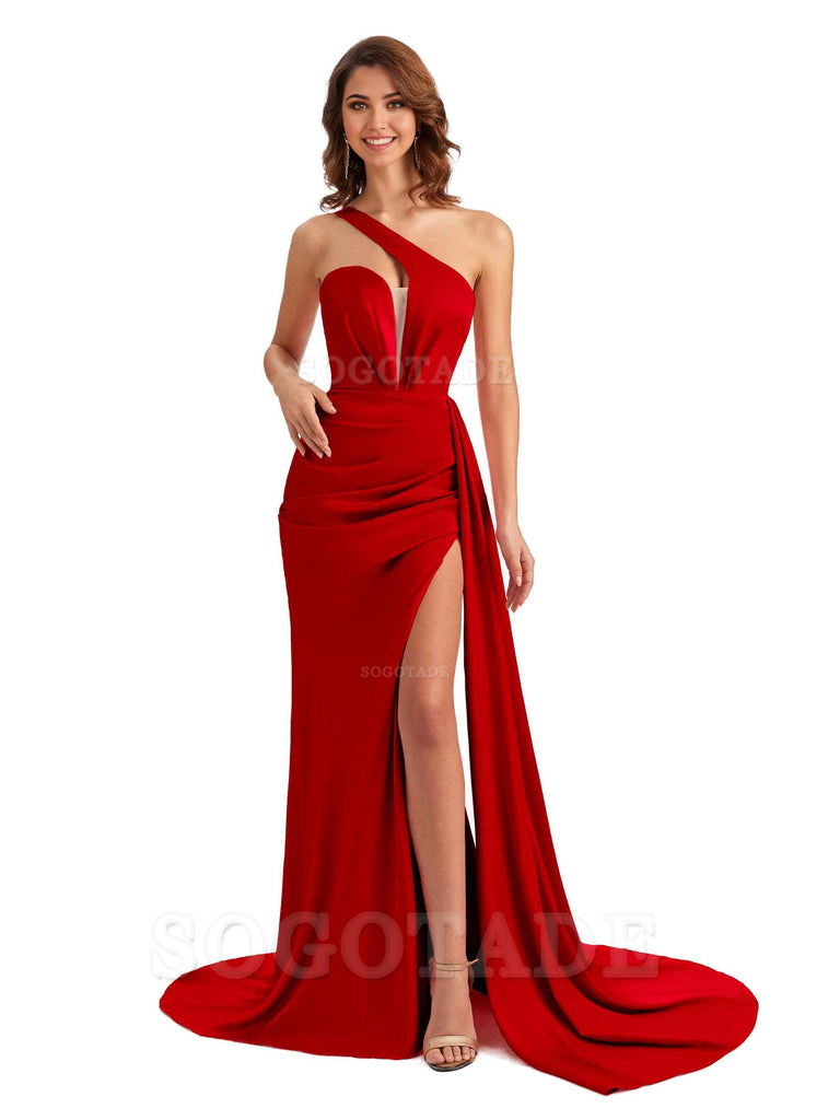 Mermaid One Shoulder Satin formal dresses evening gown Bridesmaid Dresses With Side Slit