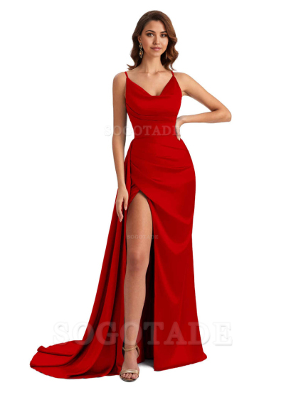 Mermaid Cowl Spaghetti Satin formal dresses evening gown Bridesmaid Dresses With Side Slit