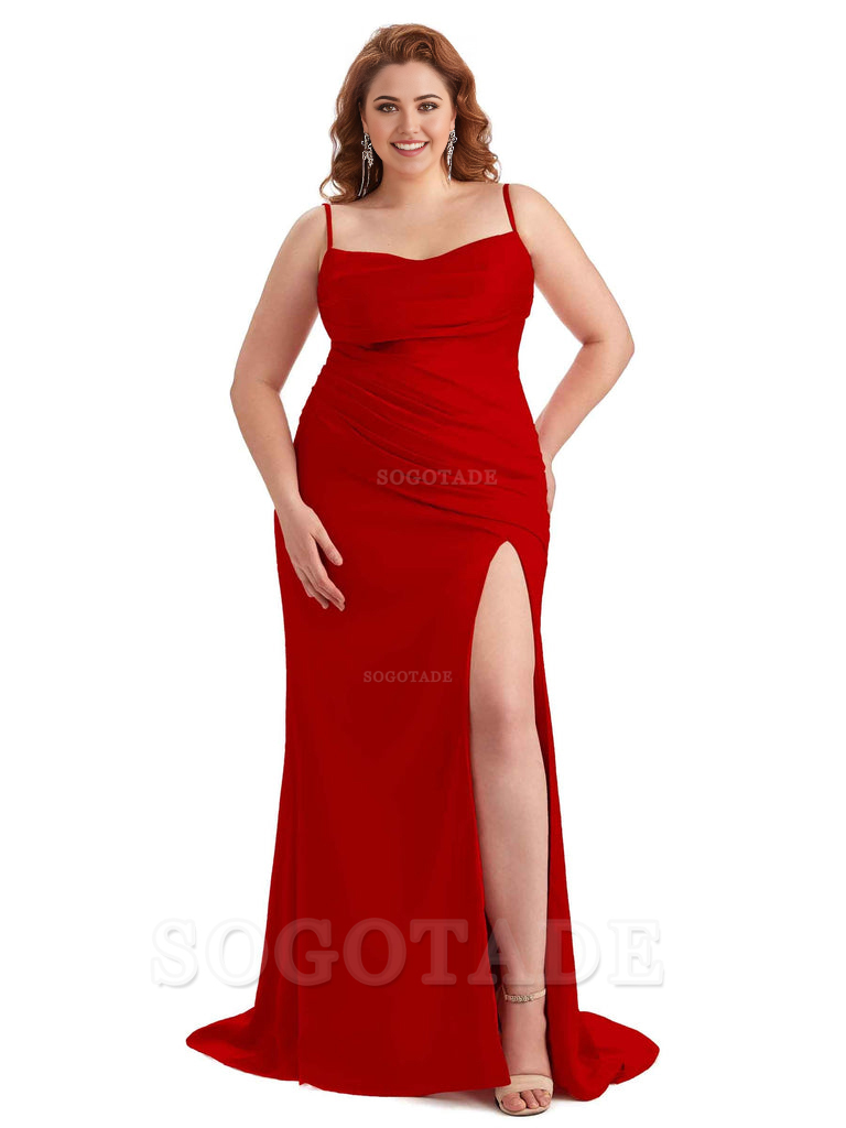 Sexy Side Slit Spaghetti Straps Mermaid Soft Satin Long Plus Size Bridesmaid Dress For Wedding