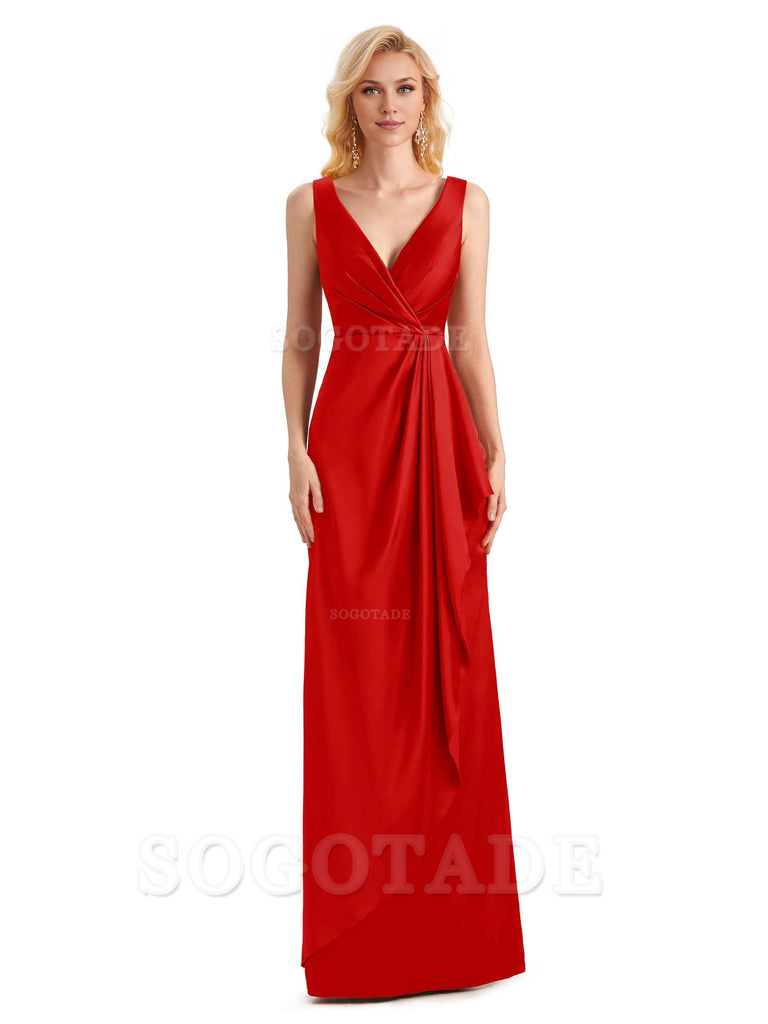 V Neck Elegant Soft Satin Formal Long Maid Bridesmaid Dresses Formal Wear Dresses