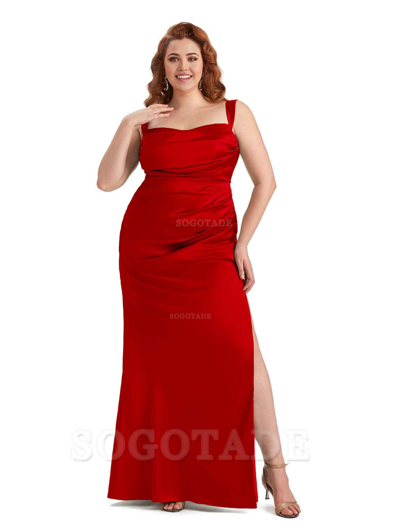 Sexy Side Slit Mermaid Wide Straps Soft Satin Long Plus Size Maid of Bridesmaid Dresses