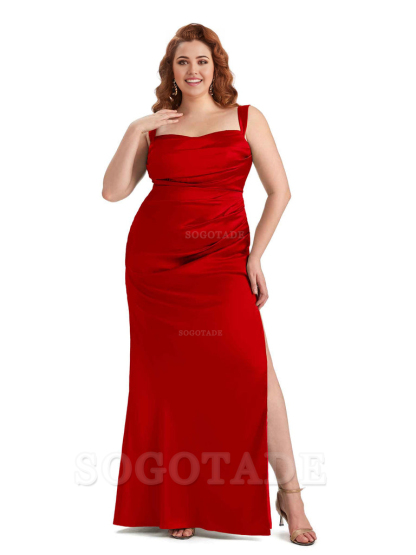Sexy Side Slit Mermaid Wide Straps Soft Satin Long Plus Size Maid of Bridesmaid Dresses