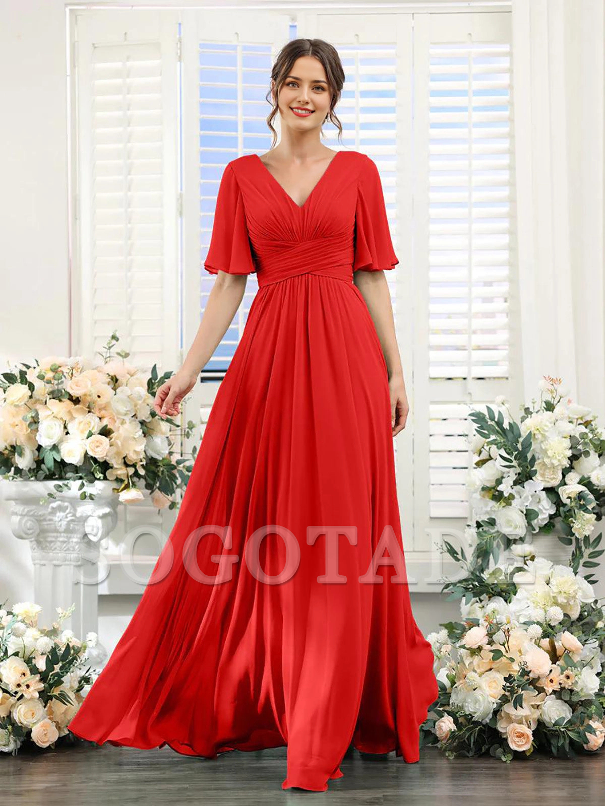 A-shaped V-shaped leader bridesmaid dress, suitable for wedding guests, long chiffon formal slit party dress
