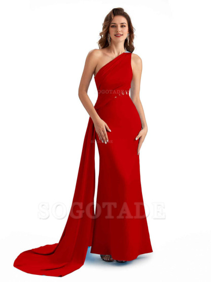 Sexy Mermaid Silky Satin One Shoulder Lace See Through Long Bridesmaid Dresses Online