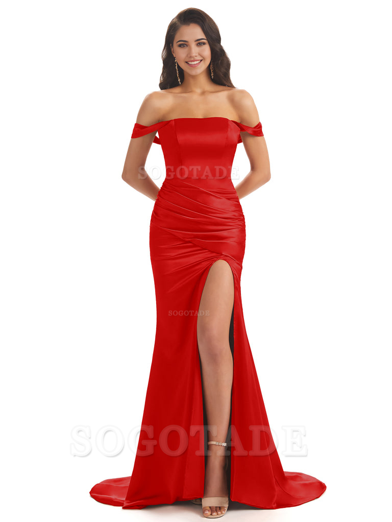 Mermaid Off Shoulder Floor-Length Satin formal dresses evening gown Bridesmaid Dresses With Side Slit 