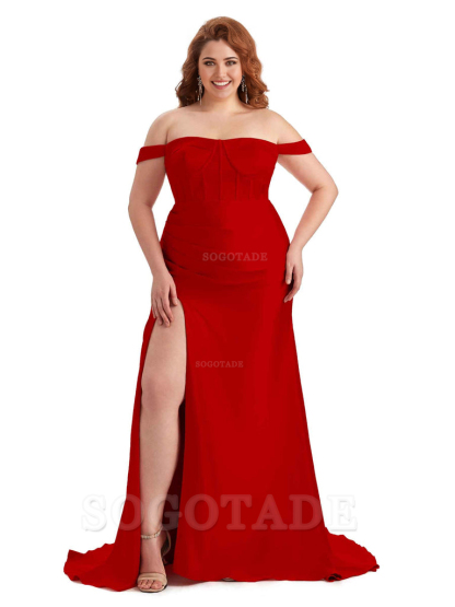 Elegant Off The Shoulder Side Slit Mermaid Soft Satin Floor Length Long Plus Size Bridesmaid Gowns