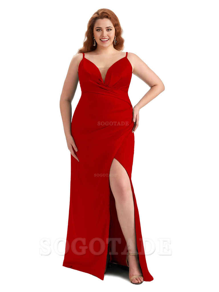 Sexy Side Slit Spaghetti Straps Sleeveless Mermaid V-neck Soft Satin Long Plus Size Bridesmaid Dress For Wedding