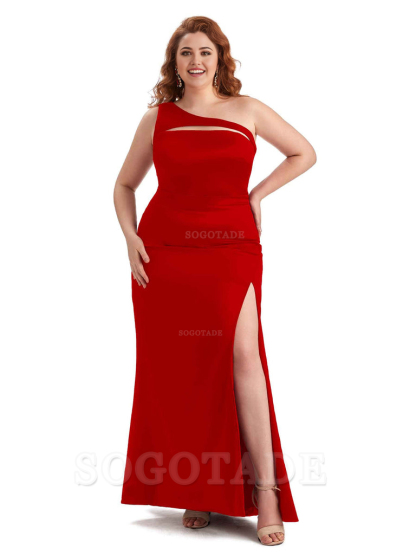 Sexy Mermaid Sleeveless One Shoulder Side Slit Soft Satin Long Plus Size Bridesmaid Dress For Wedding