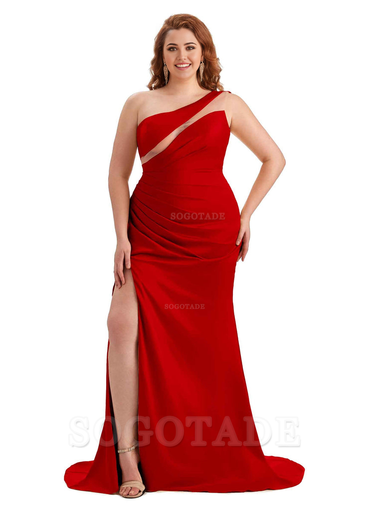 Sexy Unique Sleeveless One Shoulder Side Hight Slit Mermaid Soft Satin Long Plus Size Maid of Honour Dresses
