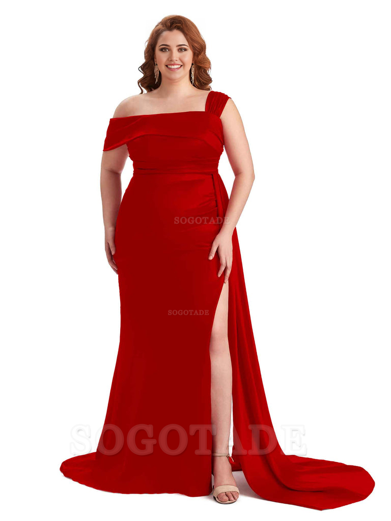 Sexy Side Hight Slit One Shoulder Mermaid Soft Satin Long Plus Size With Train Matron of Honor Dresses