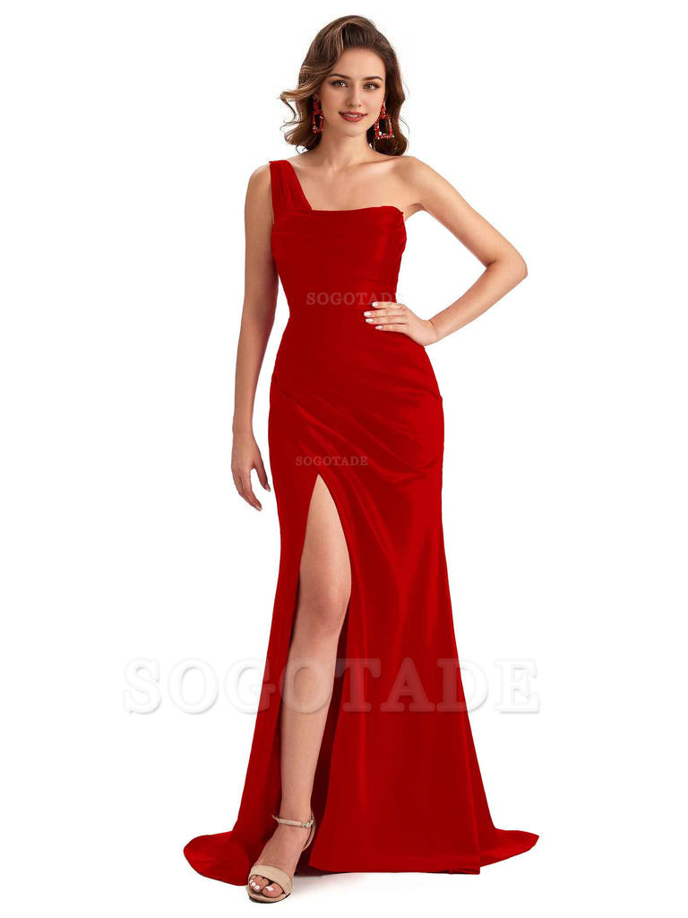Sexy One Shoulder Side Slit Silky Satin Chic Long Mermaid Trumpet Bridesmaid Dress