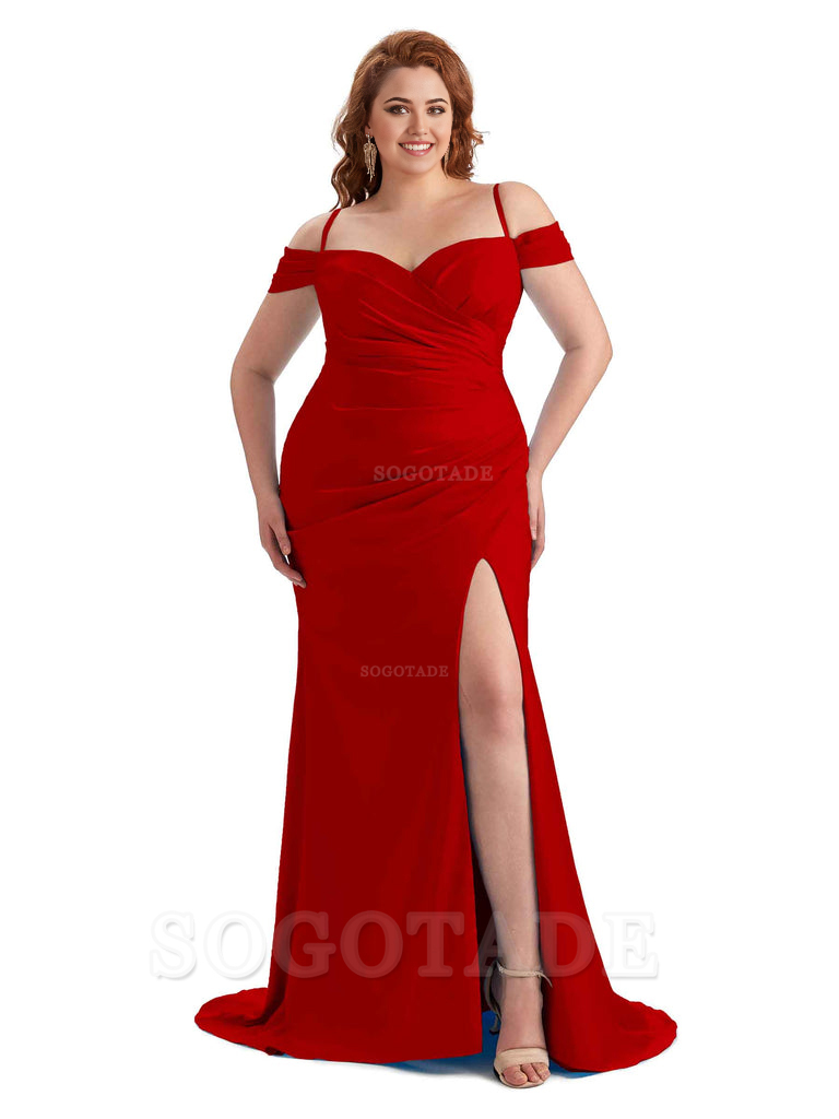 Sexy Side Slit Sleeveless Cold Shoulder Mermaid Soft Satin Long Plus Size Maid of Honor Dresses