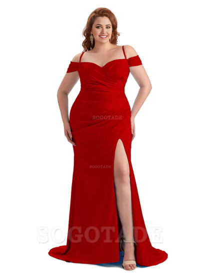 Sexy Side Slit Sleeveless Cold Shoulder Mermaid Soft Satin Long Plus Size Maid of Honor Dresses