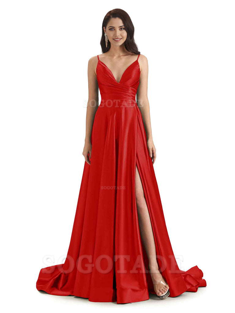Spaghetti Straps Satin formal dresses evening gown Bridesmaid Dresses With Side Slit 