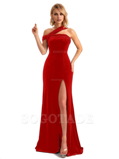 Sexy Mermaid Asymmetric Velvet Side Slit Long Bridesmaid Dresses