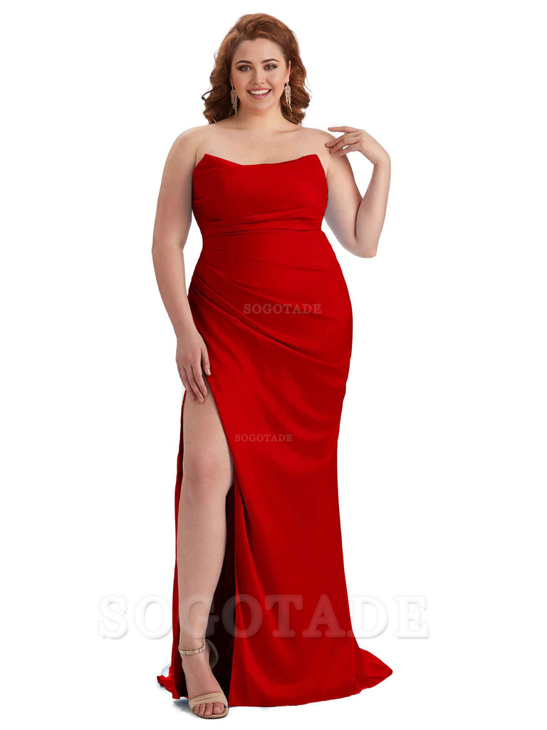 Sexy Side Slit Sleeveless Strapless Mermaid Soft Satin Long Plus Size Bridesmaid Dresses For Wedding