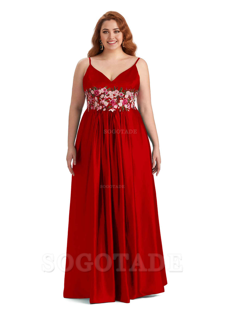 Unique Lace Spaghetti Straps Sleeveless Soft Satin Long Plus Size Bridesmaid Dress For Wedding