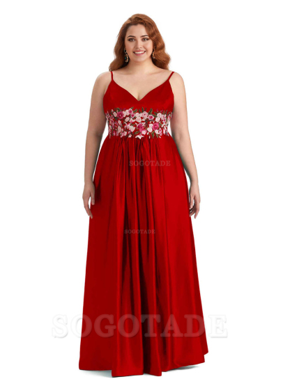 Unique Lace Spaghetti Straps Sleeveless Soft Satin Long Plus Size Bridesmaid Dress For Wedding