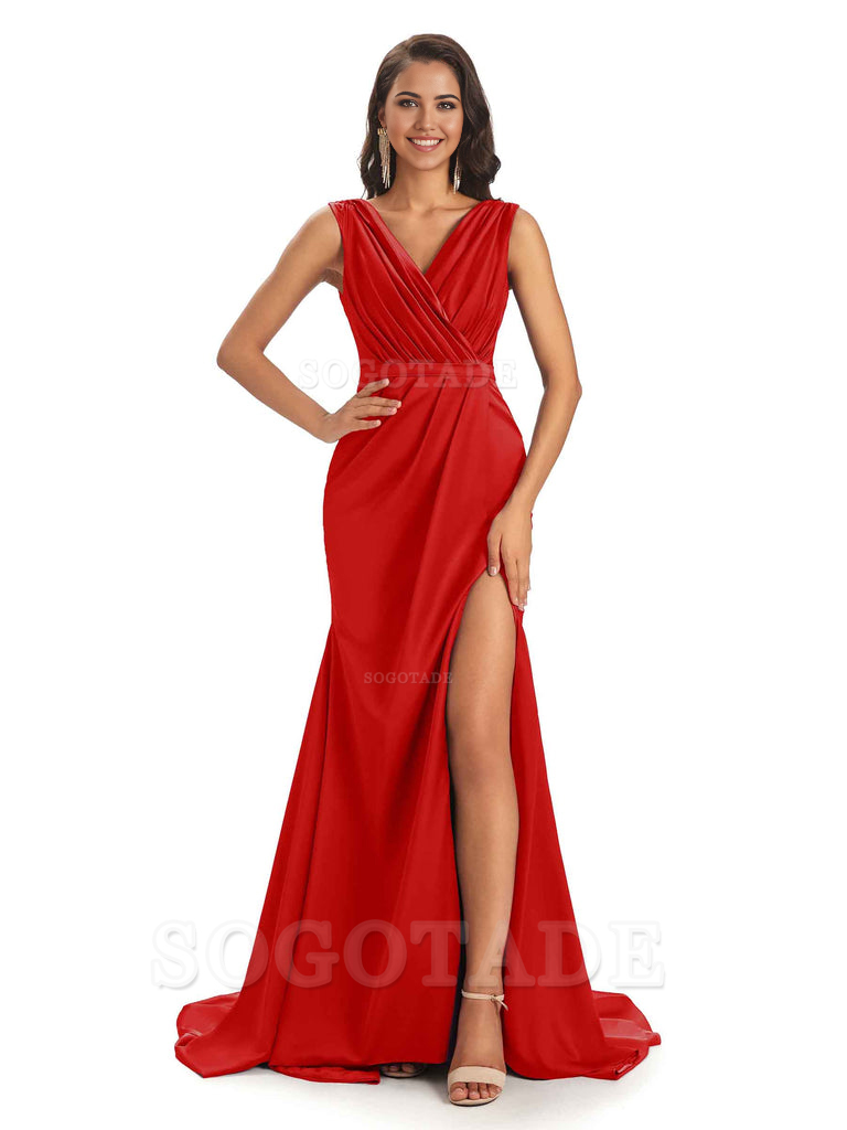 A-line V-neck Floor-Length Satin formal dresses evening gown Bridesmaid Dresses With Side Slit 