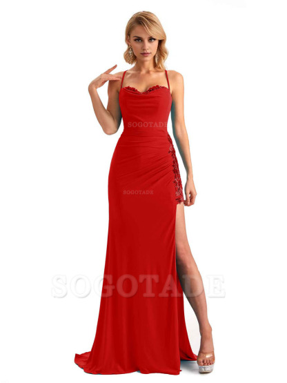Mermaid Spaghetti Straps Side Slit Lace Stretchy Jersey Long Formal Bridesmaid Dresses