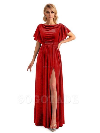 Elegant A-Line Jewel Bat Sleeves Velvet Side Slit Long Bridesmaid Dresses