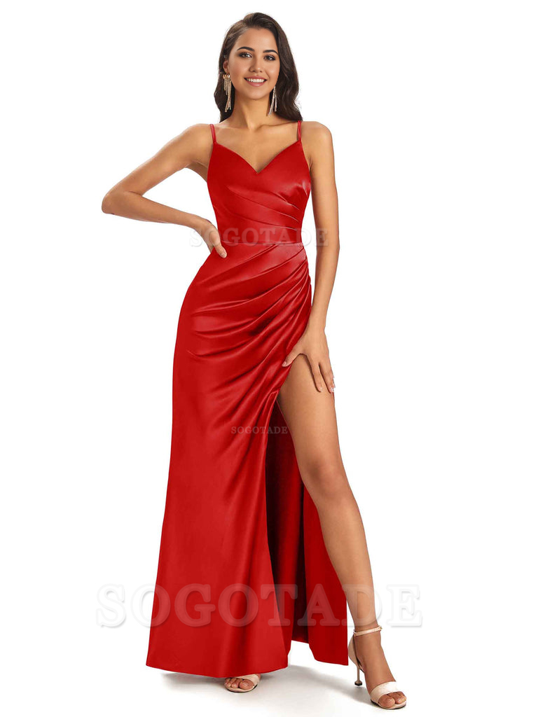 Sheath V-Neck Spaghetti Straps formal dresses evening gown Bridesmaid Dresses With Side Slit 