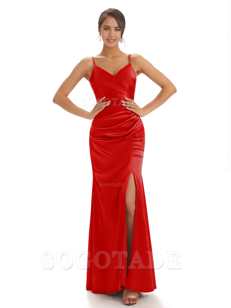 Spaghetti Straps Pleats Satin formal dresses evening gown Bridesmaid Dresses With Side Slit 