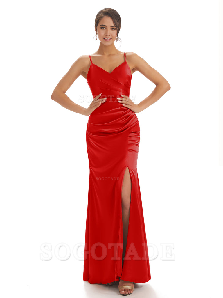 Spaghetti Straps Pleats Satin formal dresses evening gown Bridesmaid Dresses With Side Slit 