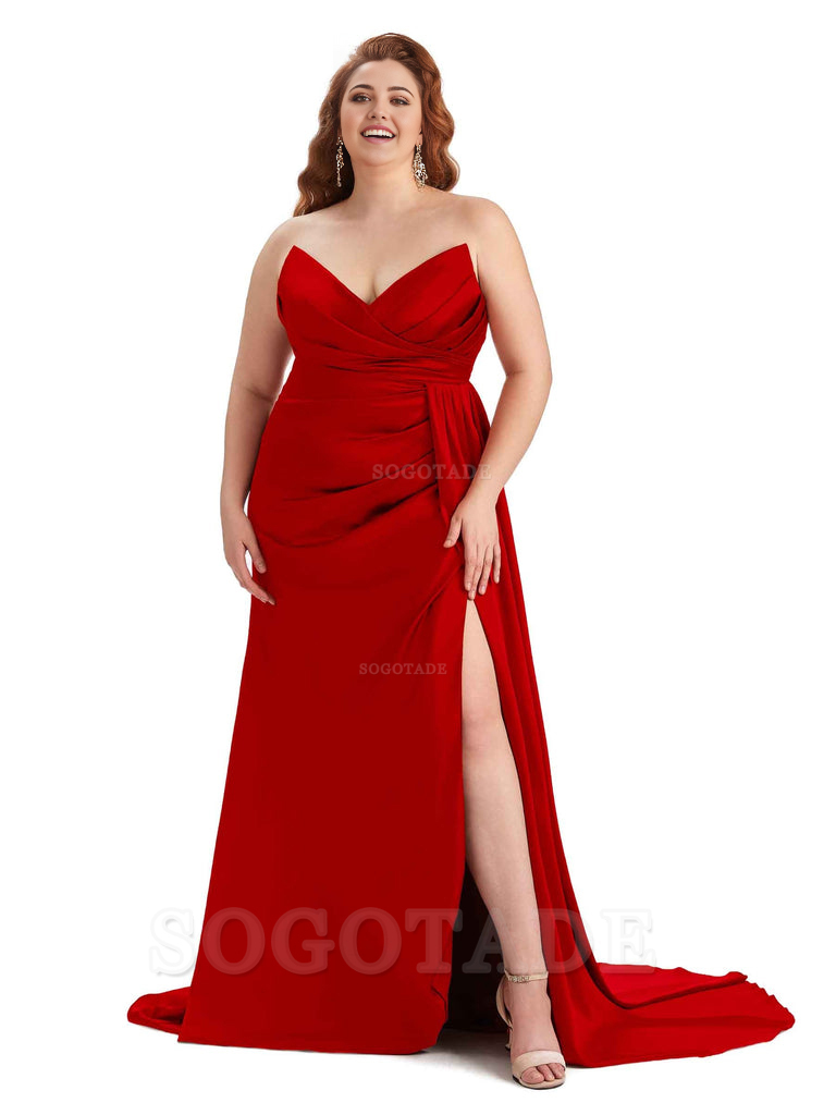 Sexy V-neck Side Slit Sleeveless Mermaid Soft Satin Long Plus Size Bridesmaid Gowns