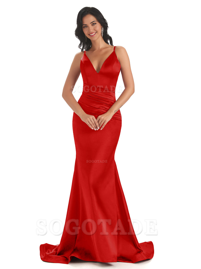 Mermaid Spaghetti V-Neck Straps Satin Long formal dresses evening gown Bridesmaid Dresses With Side Slit 