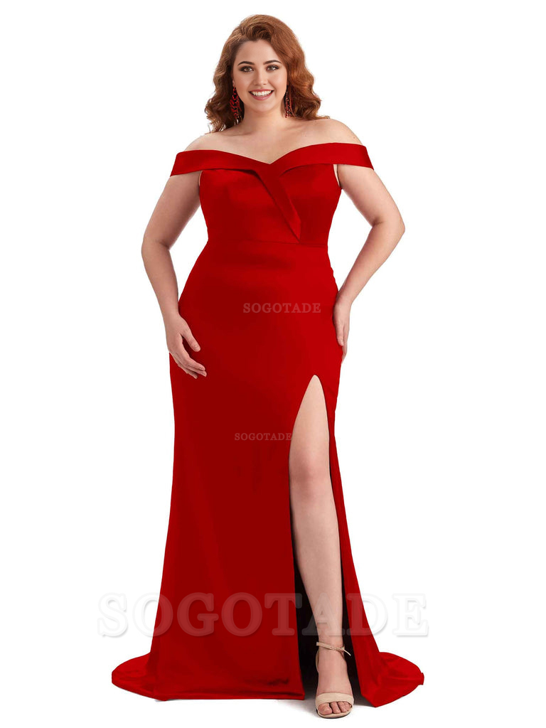 Elegant Off The Shoulder Sleeveless Side Slit Mermaid Soft Satin Long Plus Size Bridesmaid Gowns