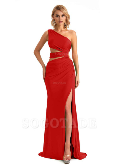 Elegant Mermaid One Shoulder Side Slit Stretchy Jersey Long Formal Bridesmaid Dresses