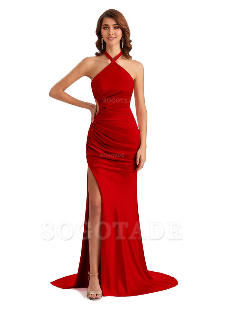 Sexy Halter Mermaid Silky Satin Unique Long Formal Wedding Guest Dresses