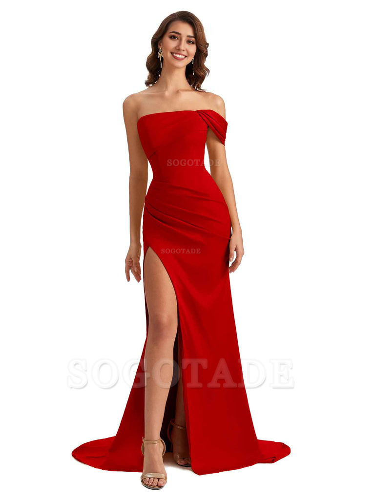 Unique One Shoulder Side Slit Satin Long Formal Dresses For Bridesmaid Dresses