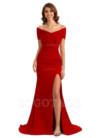 Sexy Off The Shoulder Side Slit Mermaid Satin Unique Long Formal Wedding Guest Dresses