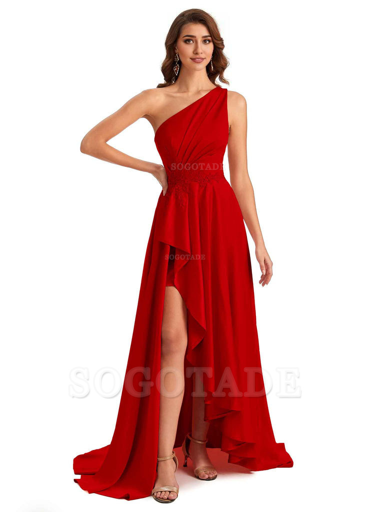Sexy One Shoulder A-Line High Low Silky Satin Lace Long Formal Wedding Guest Dresses