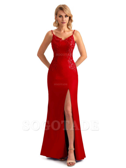 Sexy Side Split Mermaid Spaghetti Straps Soft Satin Unique Lace Long Bridesmaid Dresses