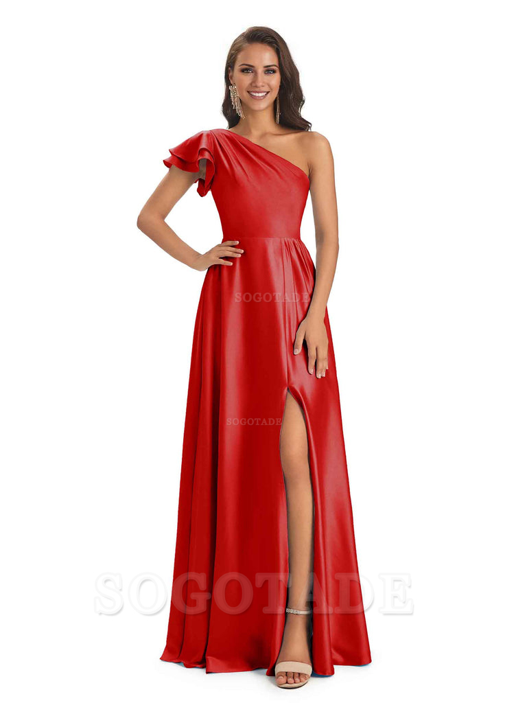 A-Line One Shoulder Ladies Long Bridesmaid Dresses Soft Satin Side Slit Elegant Evening Party Dress