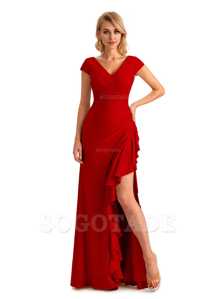Sexy Side Slit Short Sleeves Mermaid Soft Satin Unique Long Maid Of Honor Dresses