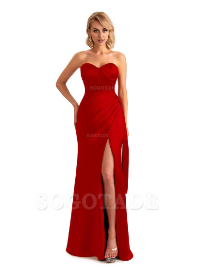 Sexy Side Slit Strapless Mermaid Soft Satin Unique Long Bridesmaid Dress For Wedding