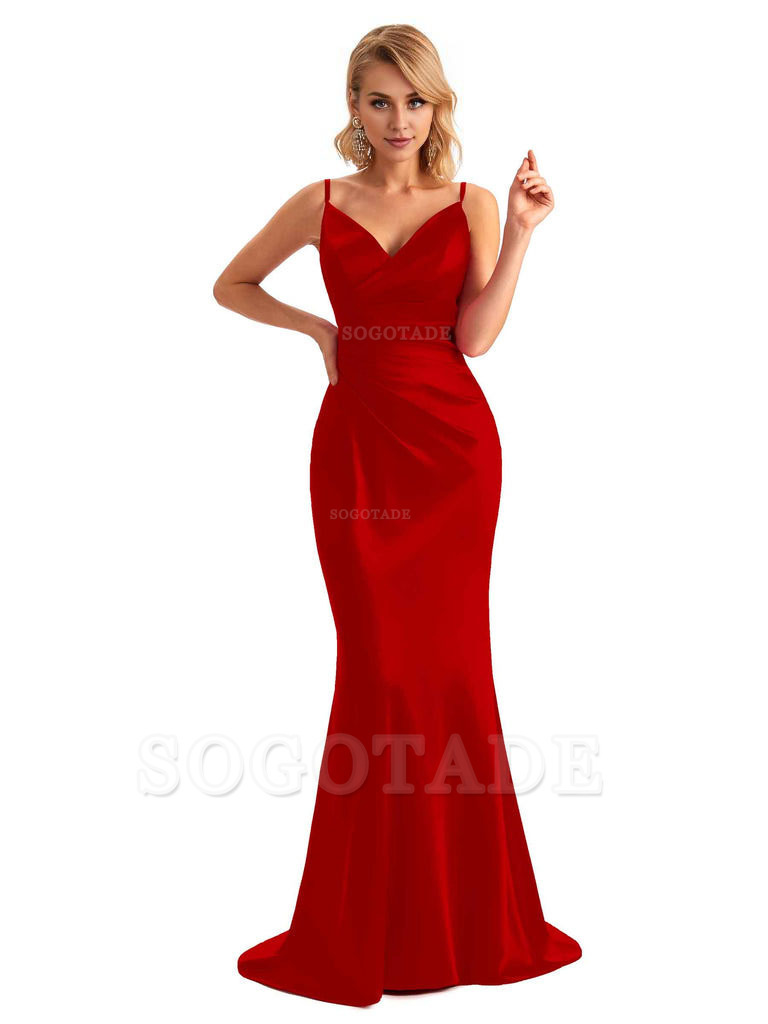  Sexy Backless Mermaid Spaghetti Straps Unique Long Formal Satin Dress For Women