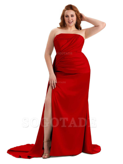 Sexy Side Slit Mermaid Soft Satin Formal Wedding Plus Size Bridesmaid Dresses